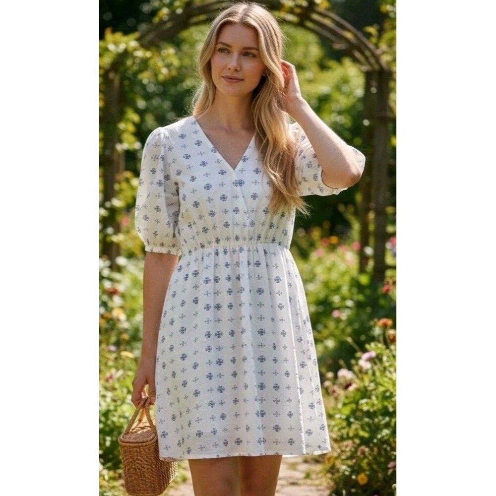 Anthropologie Dress Small White Cotton Puff Sleeve Mini Cottagecore Fit Flare